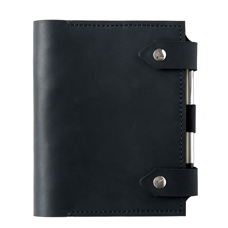 Кожаный блокнот на кольцах с креплением для ручки, карманом и уплотнёнными форзацами