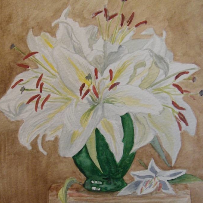 натюрморт акварель цветы белые лилии в вазе темная на темном фоне