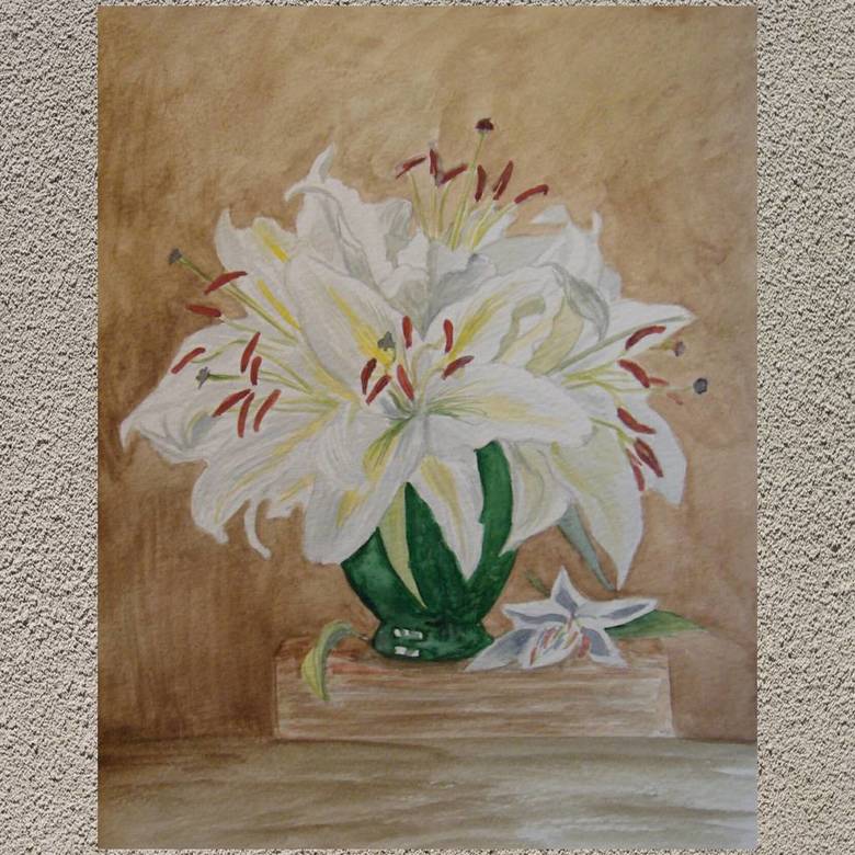 натюрморт акварель цветы белые лилии в вазе темная на темном фоне