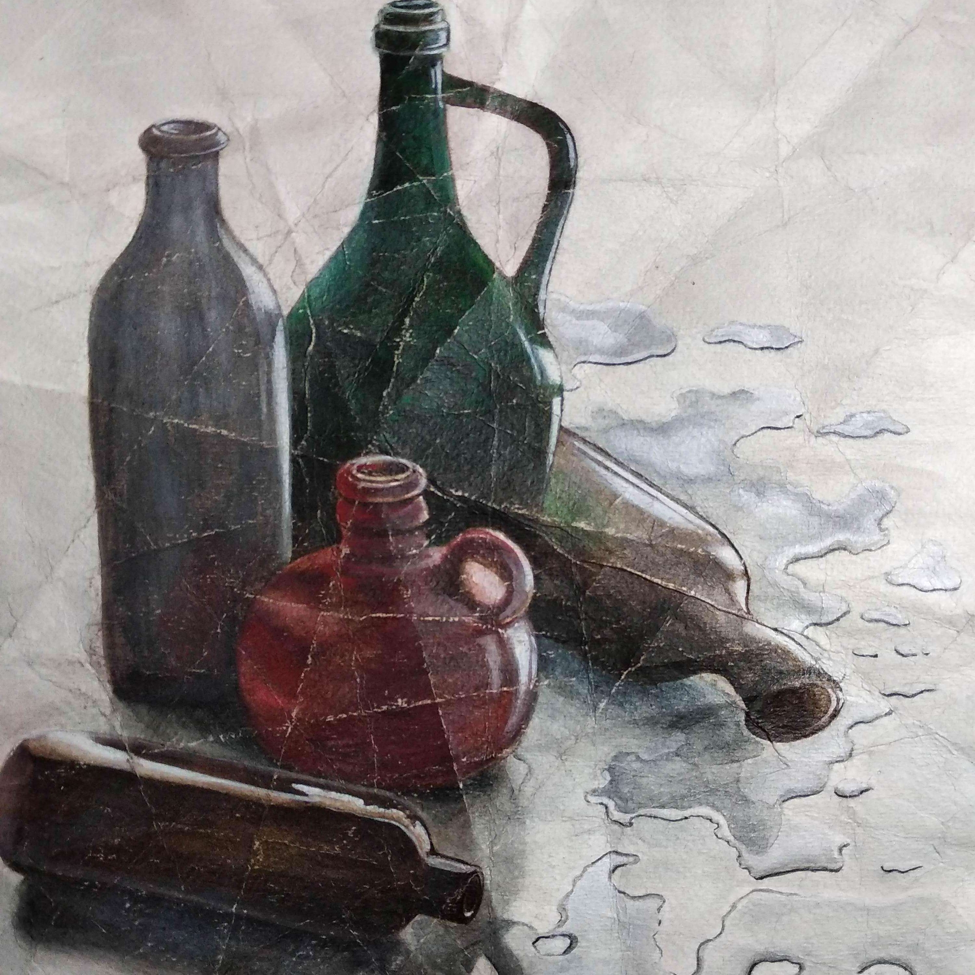 №6 "Кто лужу сделал?" натюрморт с бутылками