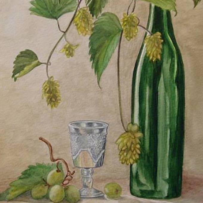 натюрморт акварель бутылка хмель виноград