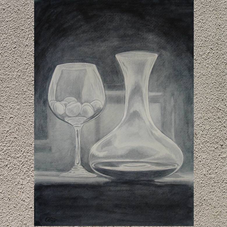 натюрморт гризайль  акварель серая пейна стеклянная пара бокал и графин