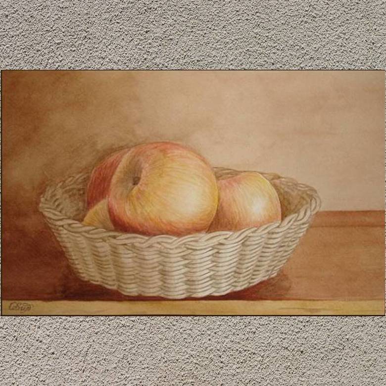 натюрморт акварелью красные яблоки в корзинке лукошке