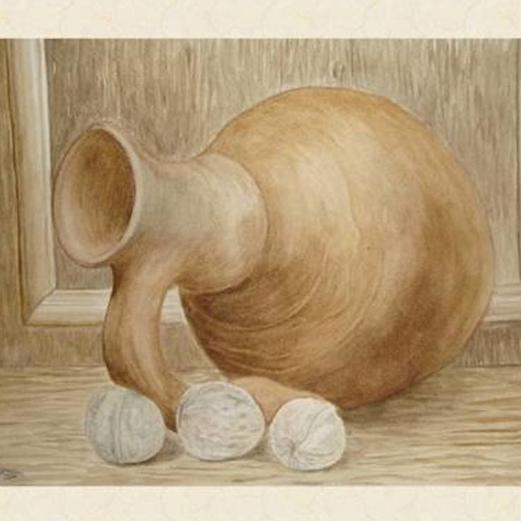 натюрморт акварель кувшин и грецкие орехи