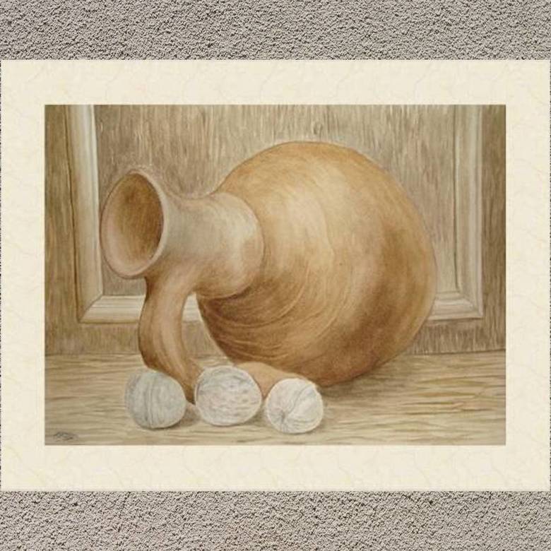 натюрморт акварель кувшин и грецкие орехи