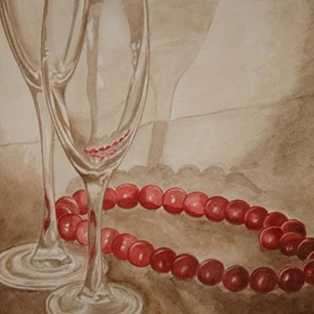 натюрморт смешанная техника гризайль сепия акварель фужеры и красные бусы