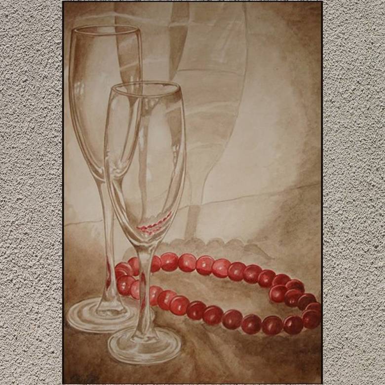 натюрморт смешанная техника гризайль сепия акварель фужеры бокалы и красные бусы