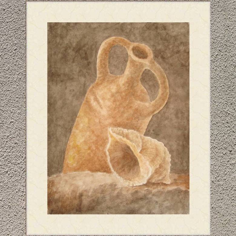 натюрморт гризайль акварель керамический кувшин ракушка