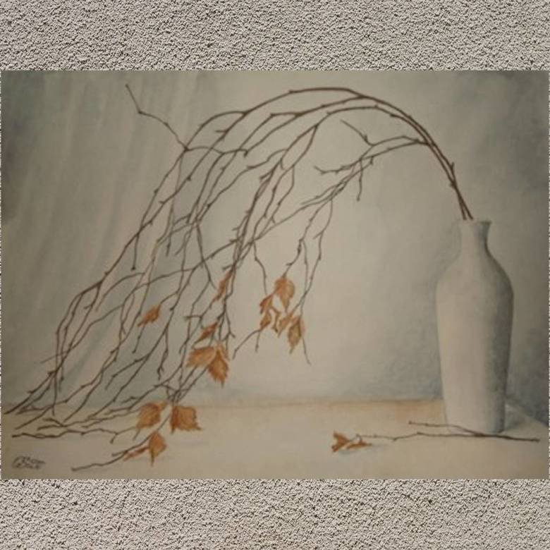 натюрморт  акварель керамическая ваза веточка березы