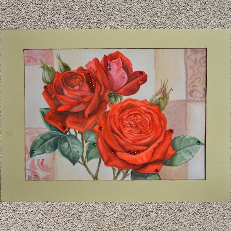цветы акварель натюрморт три красные розы стразы