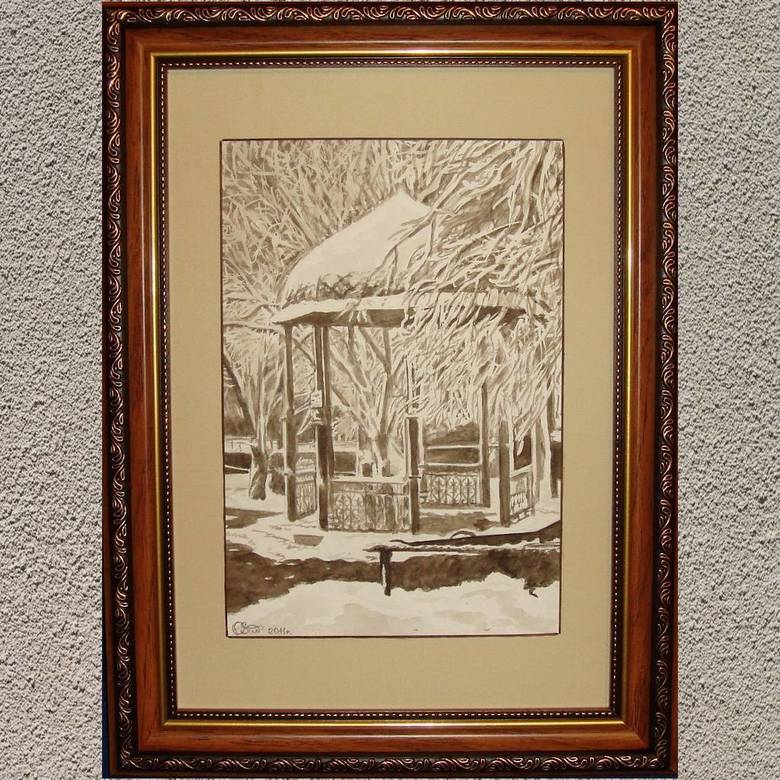 пейзаж акварель Гризайль сепия зимняя беседка снег