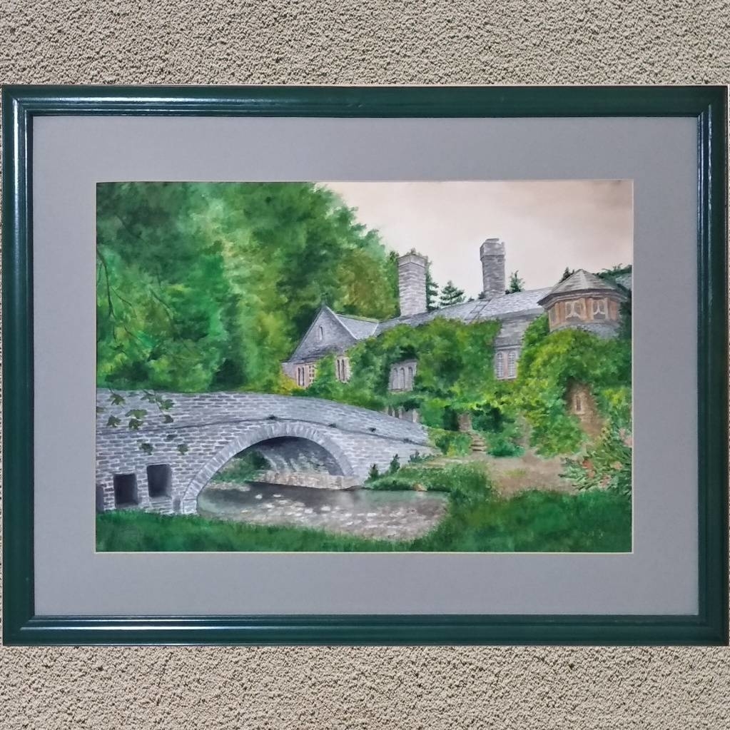 пейзаж акварель особняк, замок, каменный мост, лес, плющ, река