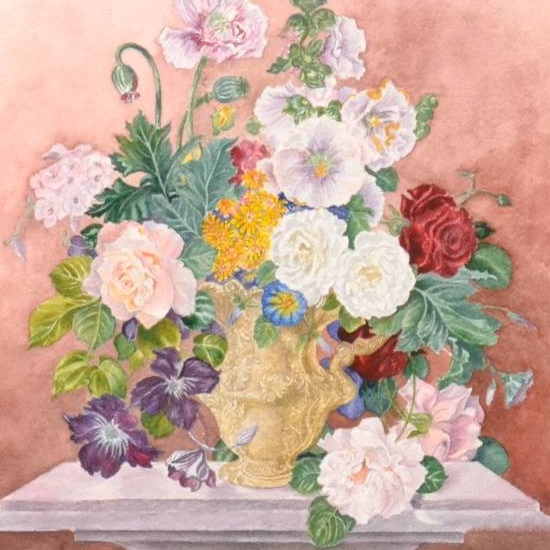 цветы акварель натюрморт разноцветный букет в вазе на столике