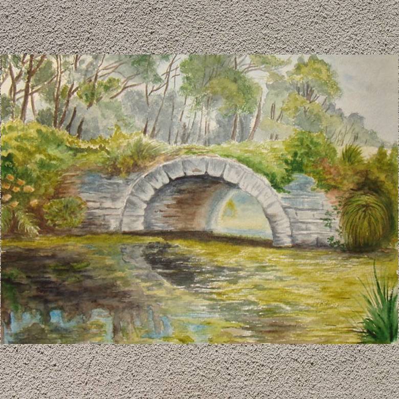 пейзаж акварель пруд Павловский мостик лес кусты деревья лето