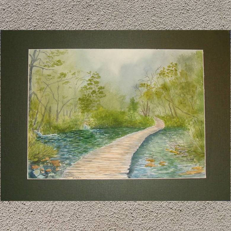 пейзаж акварель лето, лес,пруд, вода, мостик, вода