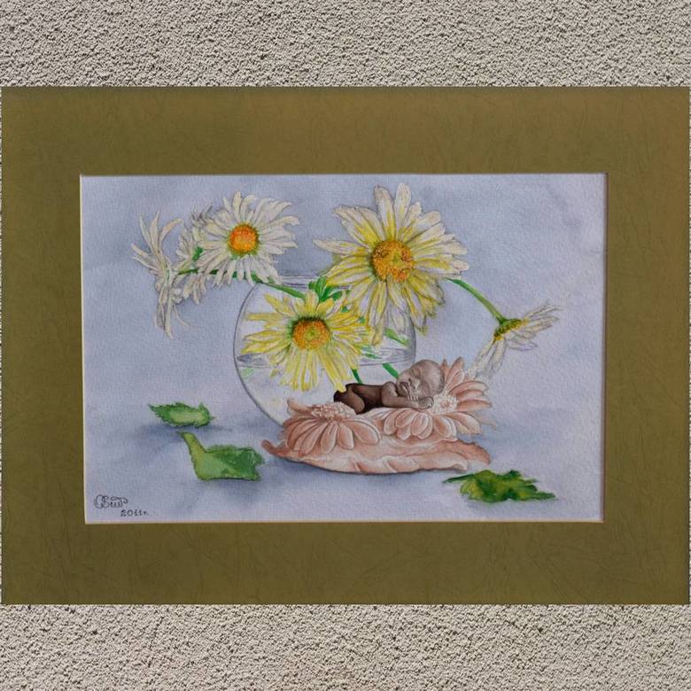 цветы акварель натюрморт статуэтка спящий черный малыш ромашки 121