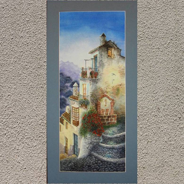 пейзаж акварель лето вечер мостовая домики, крыши 133