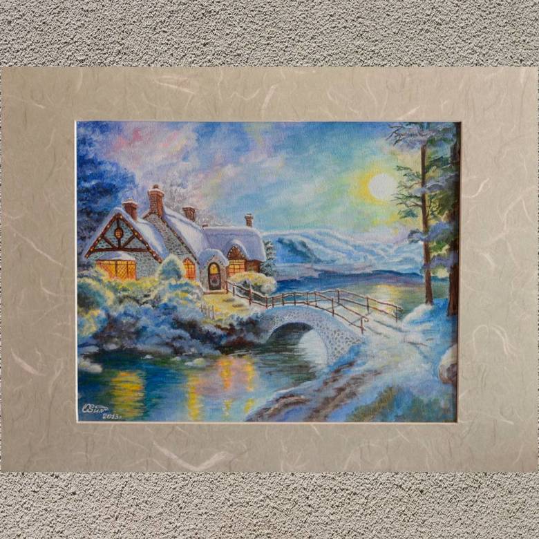 пейзаж акрил зима  снег, домики, мостик, речка крыши 140