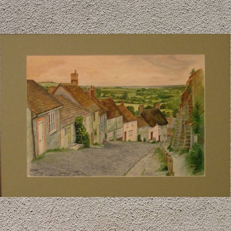 пейзаж акварель лето улица домики,Англия, Золотой холм, крыши 155