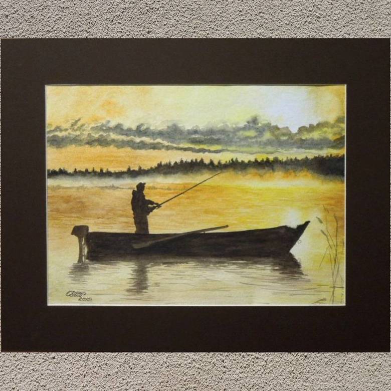 пейзаж акварель лето озеро лодка рыбак заря небо солнце 163