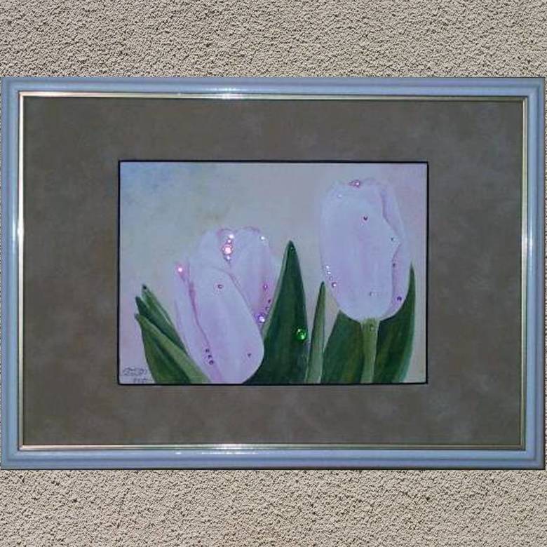 цветы акварель натюрморт розовые тюльпаны стразы 191 в раме