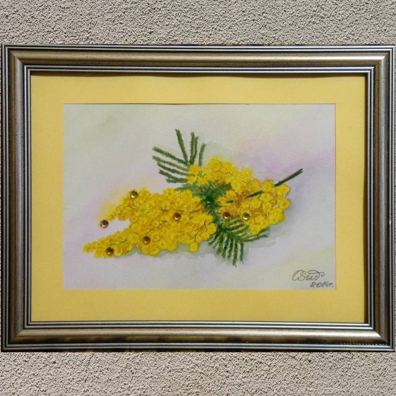 цветы акварель натюрморт желтая мимоза веточка стразы 185 в раме