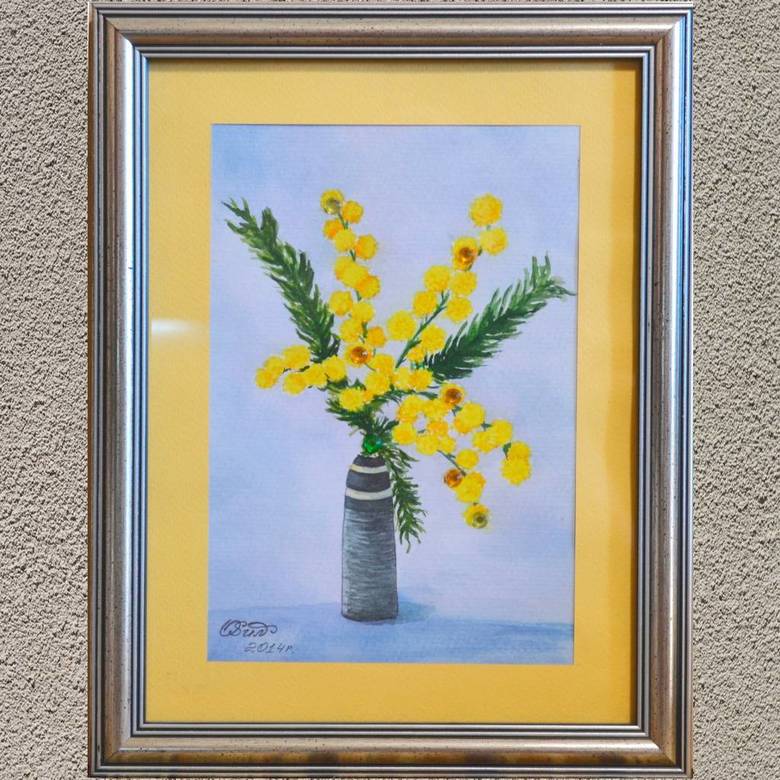цветы акварель натюрморт желтая мимоза веточка в вазе стразы 186