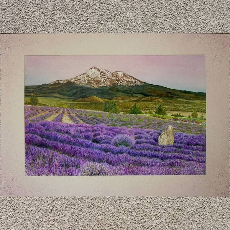 пейзаж акварель лето лавандовое поле горы 202
