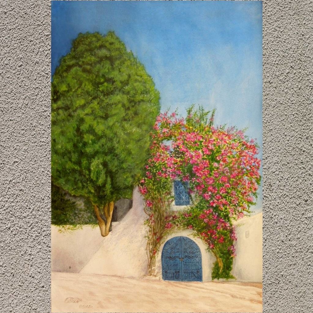 пейзаж акварель лето архитектура домик художника дерево 215