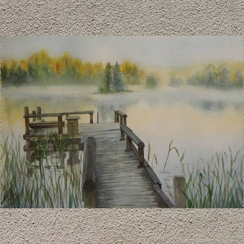 пейзаж акварель лето утро пруд туман рассвет мостик лес 217