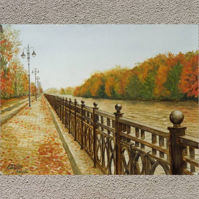 пейзаж акварель осень набережная река дорожка листва деревья 218