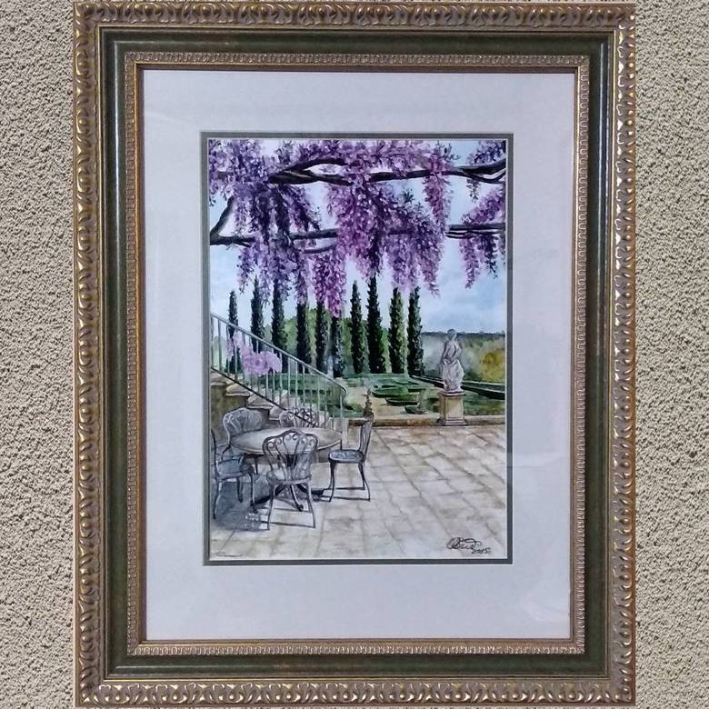 пейзаж, акварель, лето, утро,веранда, глициния,226