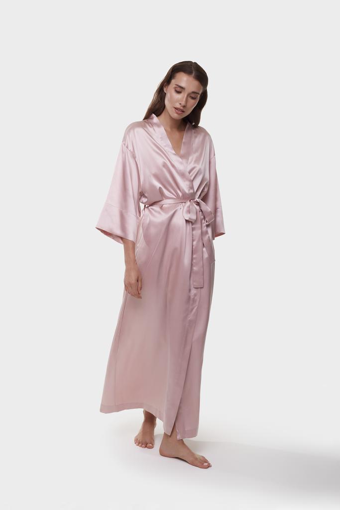 Шелковый халат-кимоно макси пудровый/розовый