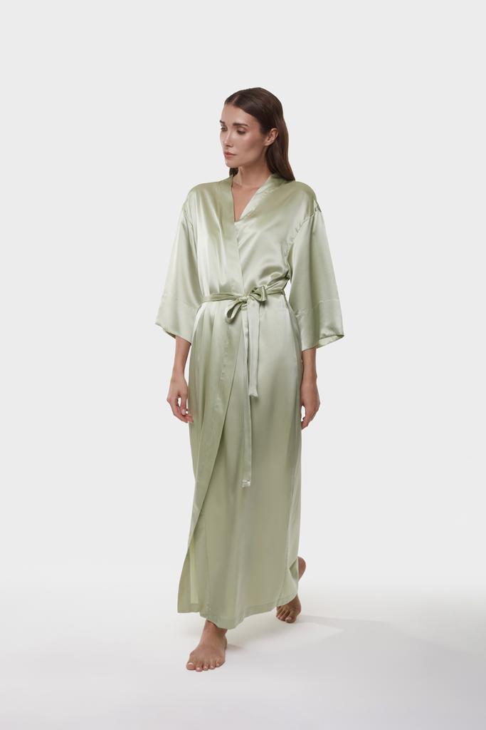 Шелковый халат-кимоно макси оливка/зеленый