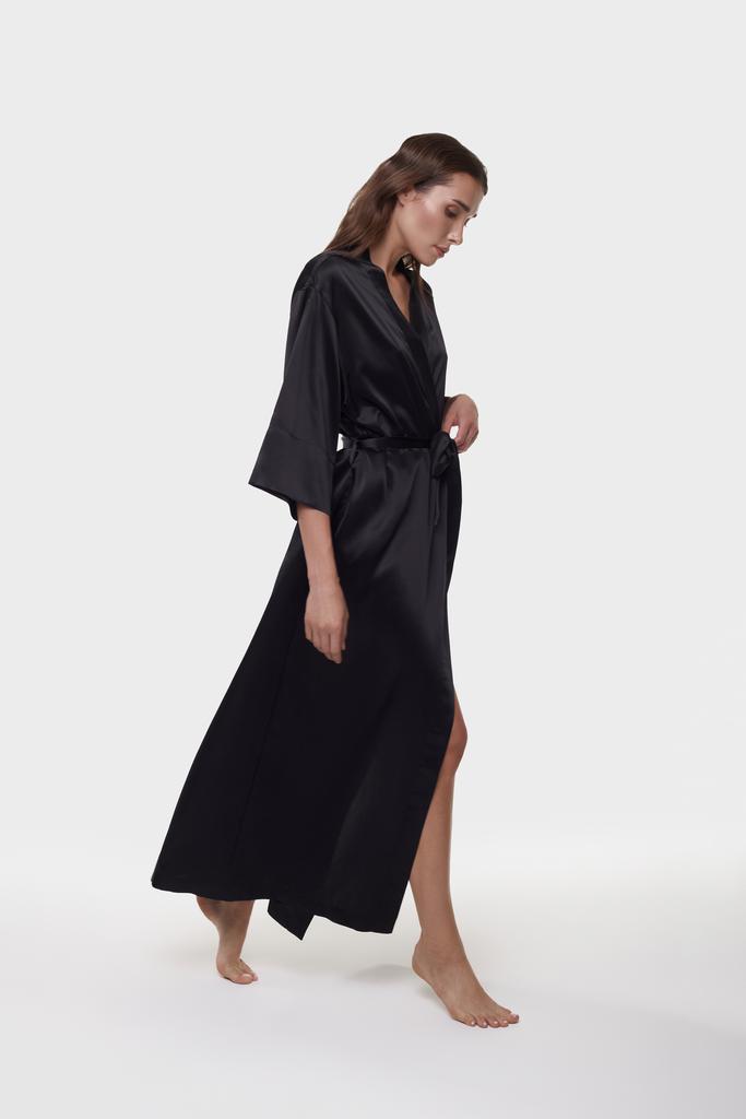 Шелковый халат-кимоно макси черный