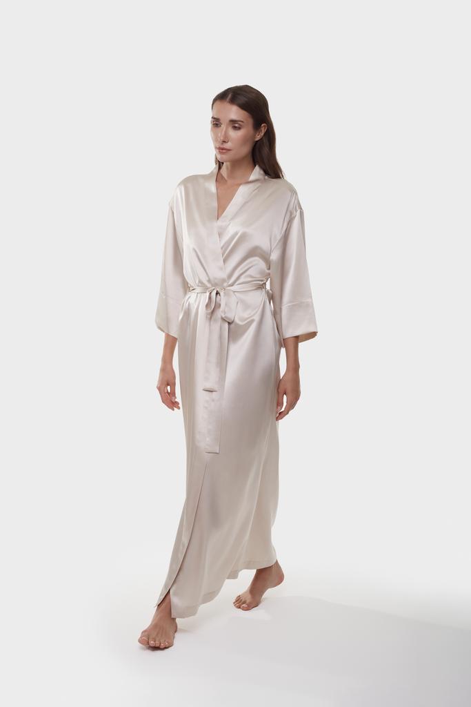 Шелковый халат-кимоно макси латте/бежевый