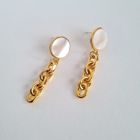 Серьги золотистые с перламутром и цепочками