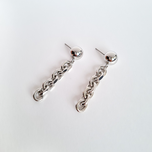 Серьги серебристые шарики с цепочкой