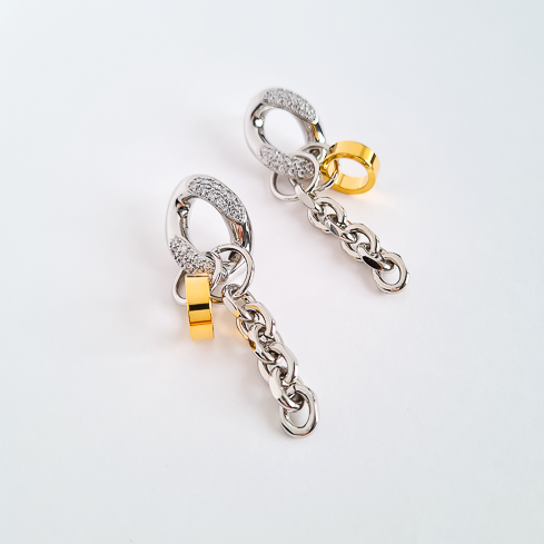 Биколорные серьги звенья с кристаллами и цепочкой