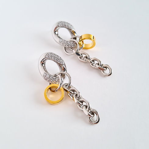 Биколорные серьги звенья с кристаллами и цепочкой