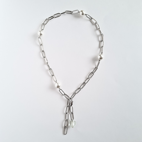 Колье-цепь серебристое трансформер с жемчужными бусинами и сердечком из муранского стекла