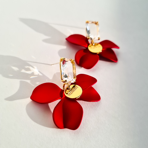 Серьги NUANCE красные цветы с кристаллами