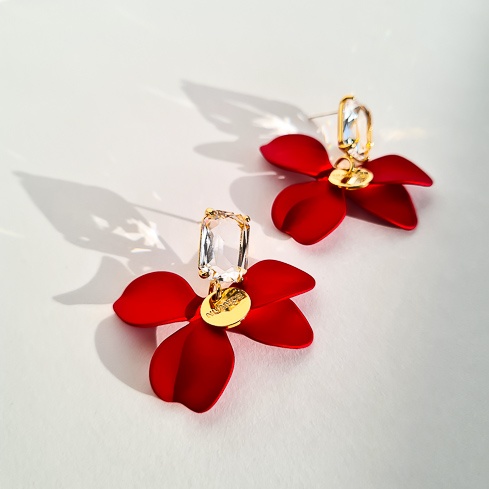 Серьги NUANCE красные цветы с кристаллами