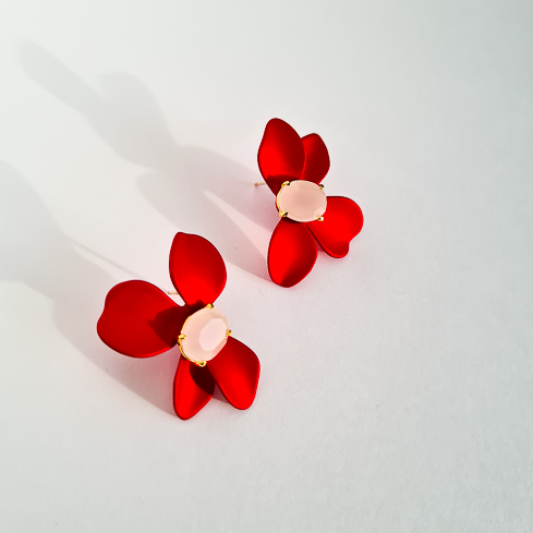 Серьги NUANCE красные цветы с кристаллами