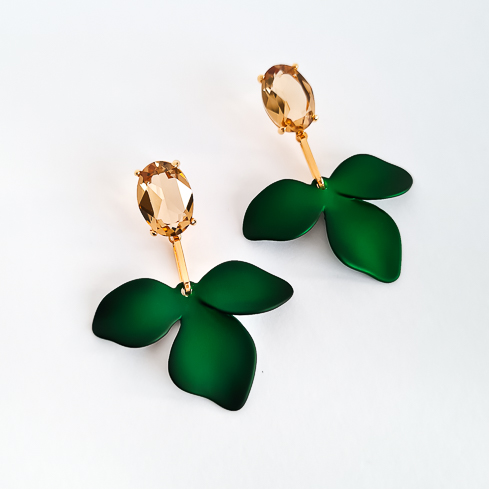 Серьги NUANCE зелёные цветы с кристаллами