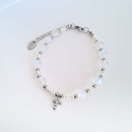 Браслет ELINICE серебристый с лунным камнем и жемчугом