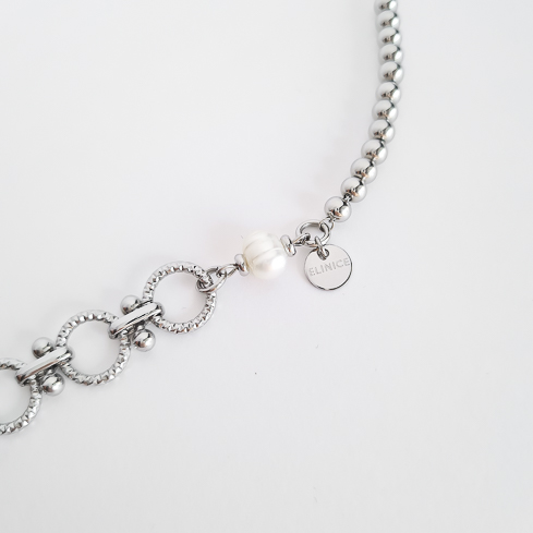 Браслет ELINICE серебристый с шариками, жемчужиной и медалькой