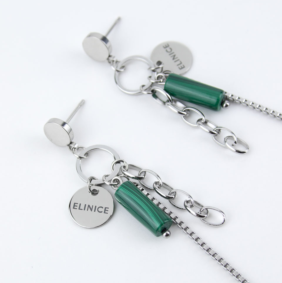 Серьги ELINICE серебристые кисточки с натуральным малахитом