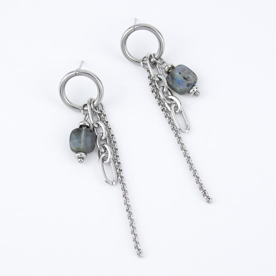 Серьги ELINICE серебристые кисточки из разных цепочек с лабрадором