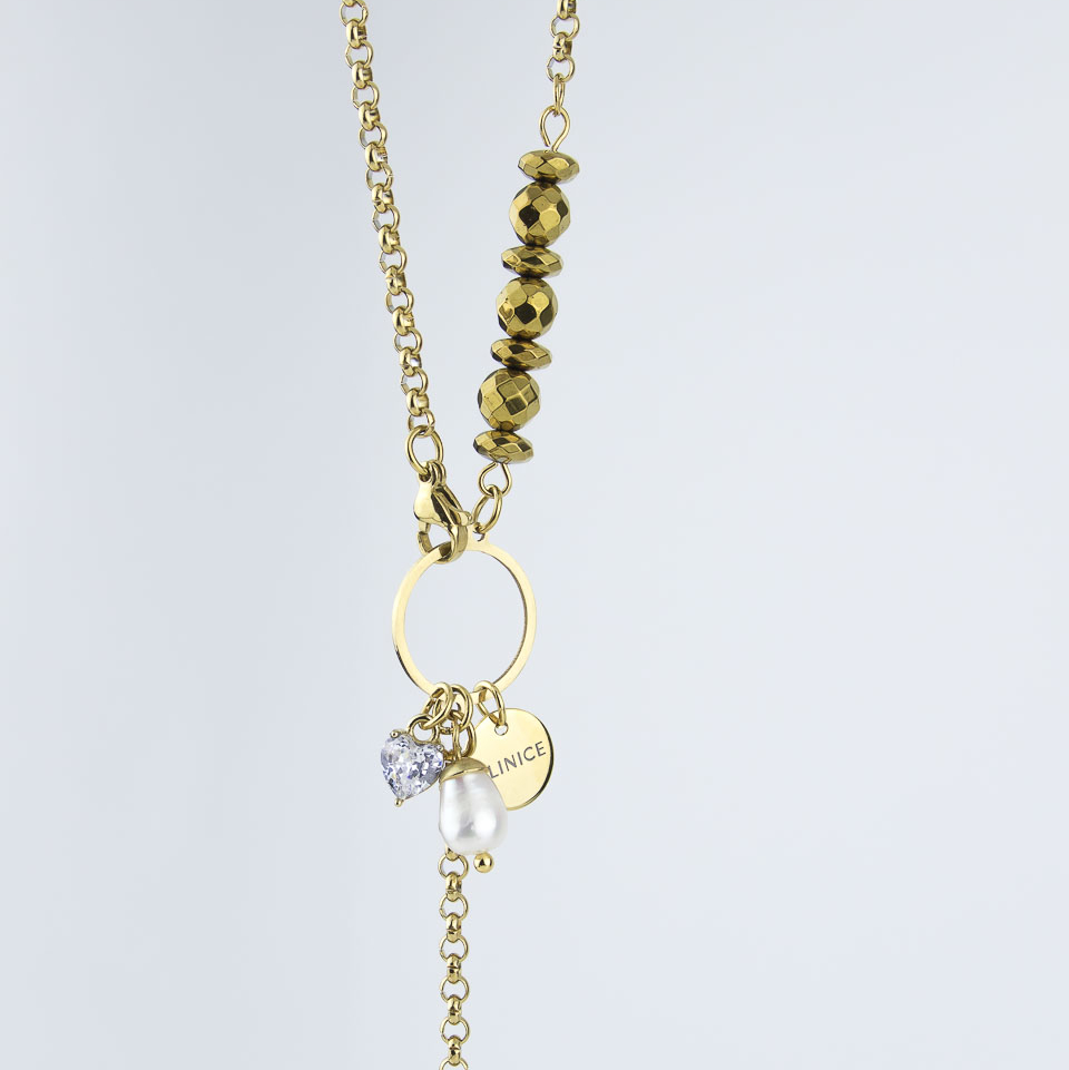 Подвеска ELINICE с жемчужиной и гематитом золотистая